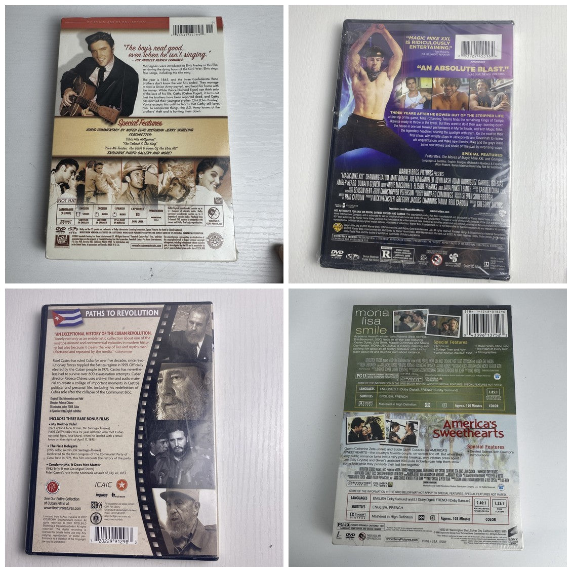 Brand new factory sealed 4-pack DVD bundle featuring Love Me Tender, Magic Mike XXL, Mona Lisa Smile, and Fidel documentary.