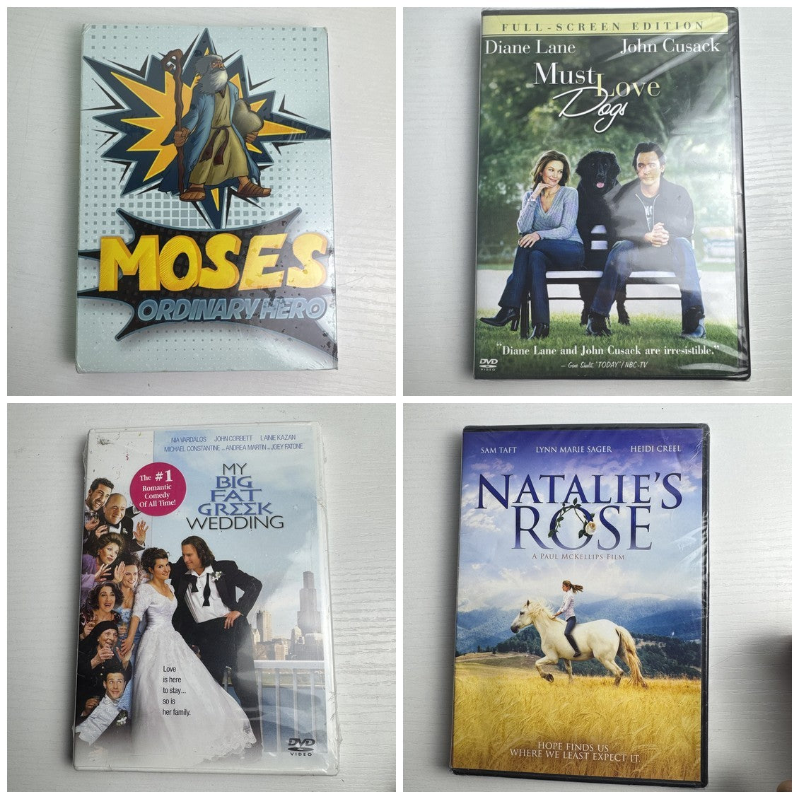 Set of four factory-sealed DVDs including My Big Fat Greek Wedding and Must Love Dogs.