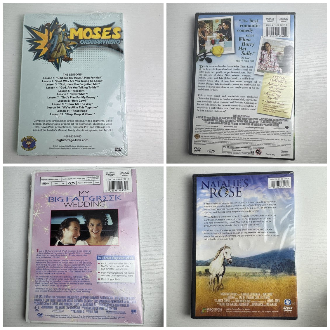 Set of four factory-sealed DVDs including My Big Fat Greek Wedding and Must Love Dogs.