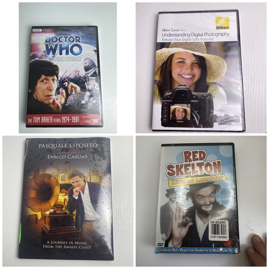 Set of 4 brand new factory sealed DVDs including Doctor Who Tom Baker, Red Skelton, Nikon photography, and Enrico Caruso
