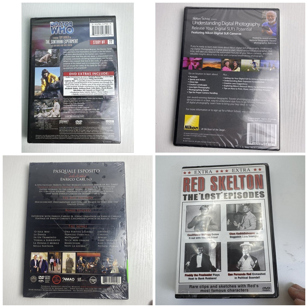 Set of 4 brand new factory sealed DVDs including Doctor Who Tom Baker, Red Skelton, Nikon photography, and Enrico Caruso