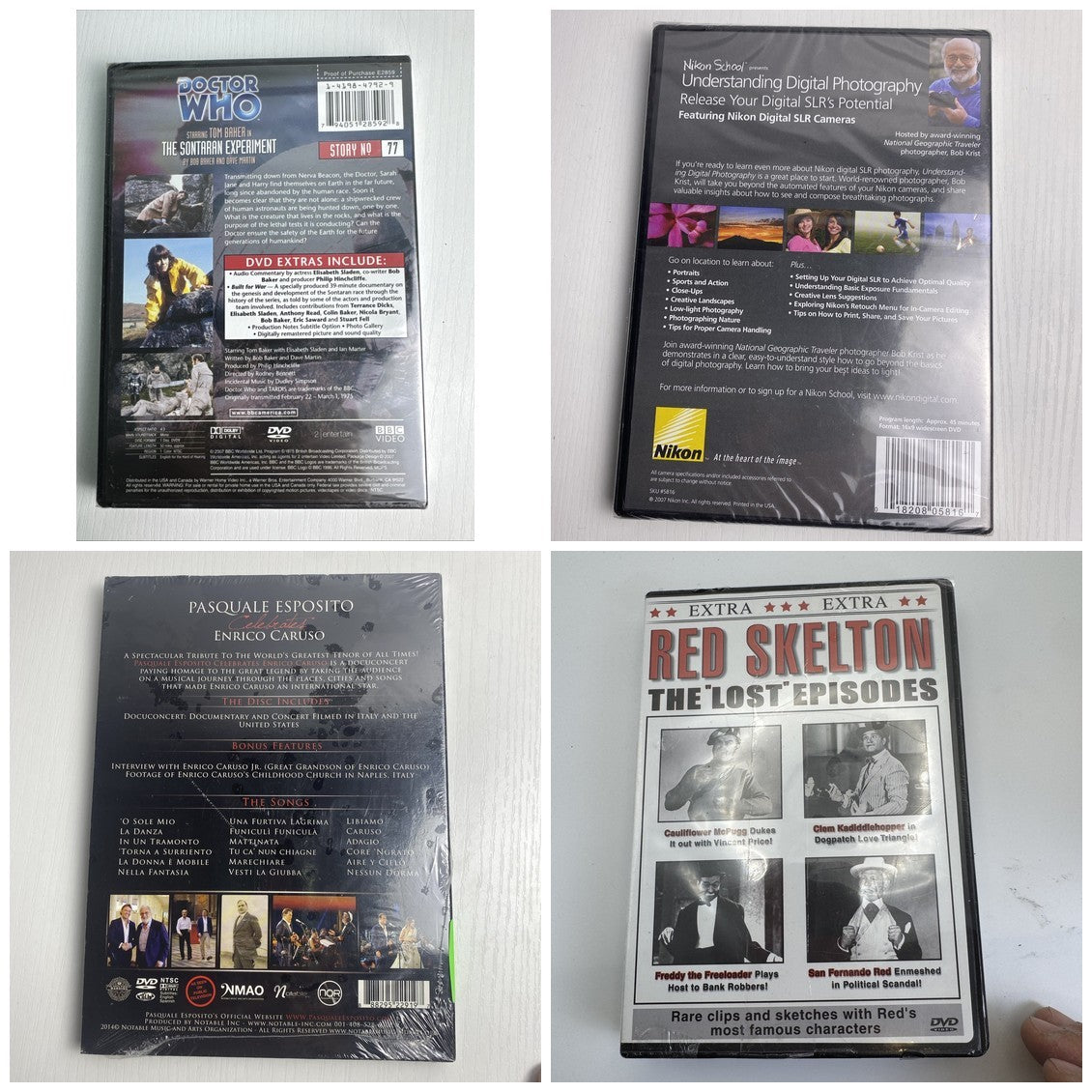 Set of 4 brand new factory sealed DVDs including Doctor Who Tom Baker, Red Skelton, Nikon photography, and Enrico Caruso