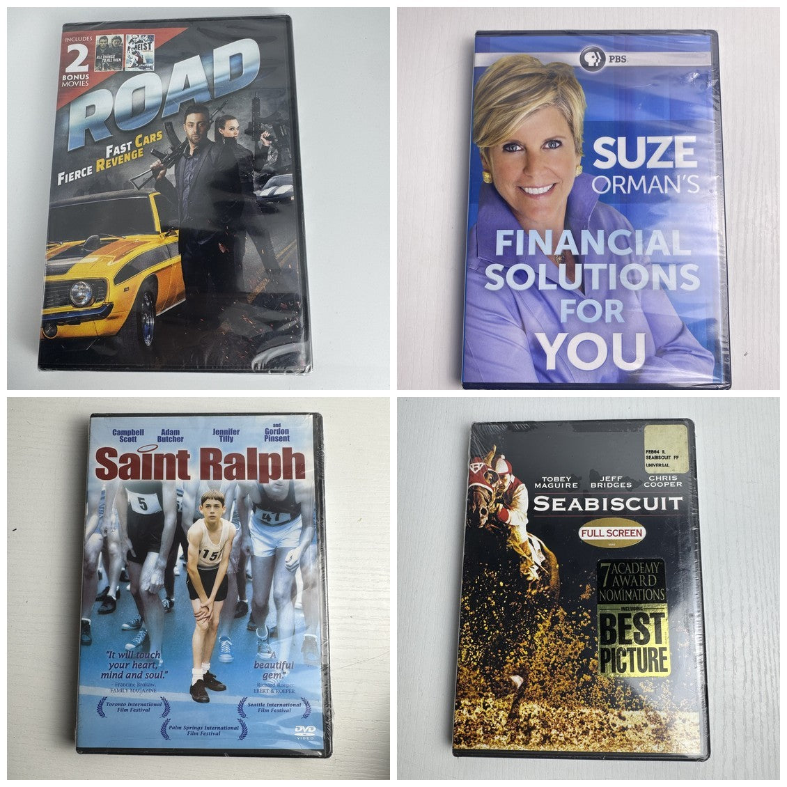 Set of 4 brand new factory sealed movie DVDs including Seabiscuit, Saint Ralph, Road, and Suze Orman.