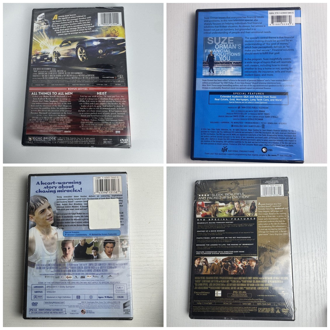 Set of 4 brand new factory sealed movie DVDs including Seabiscuit, Saint Ralph, Road, and Suze Orman.