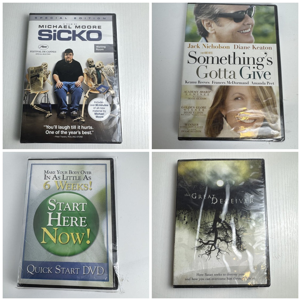 Assorted 4-DVD lot featuring Sicko, Something's Gotta Give, 6 Week Body Makeover, and The Great Deceiver, factory sealed.
