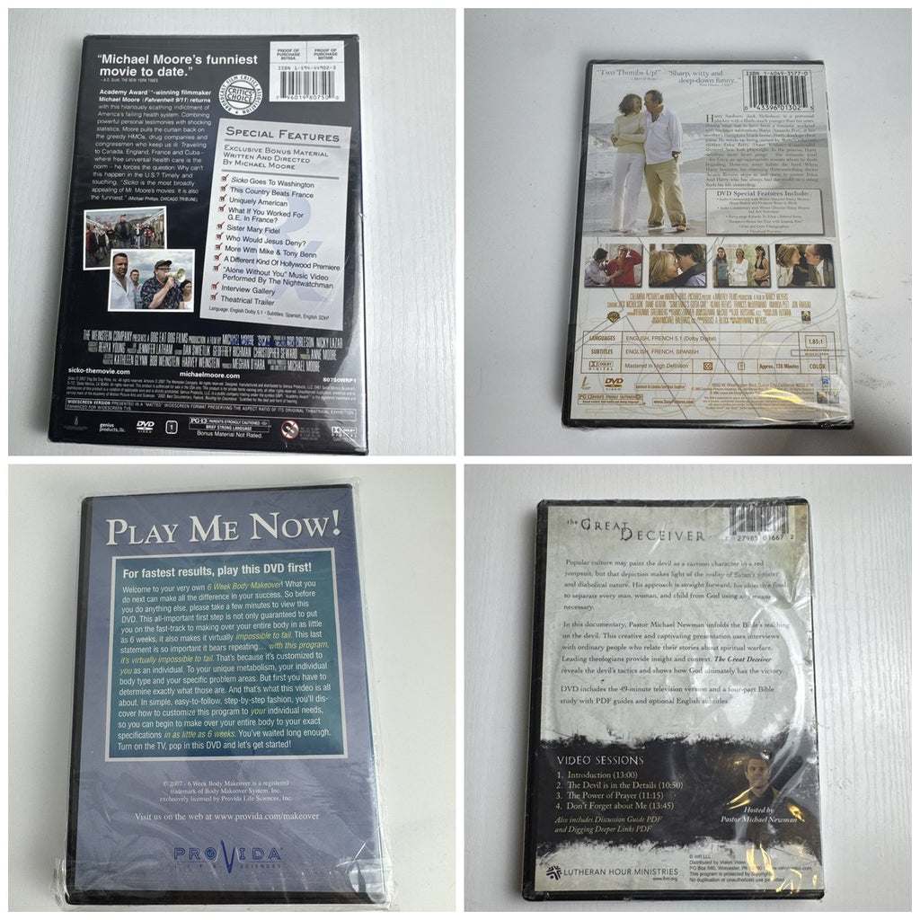 Assorted 4-DVD lot featuring Sicko, Something's Gotta Give, 6 Week Body Makeover, and The Great Deceiver, factory sealed.