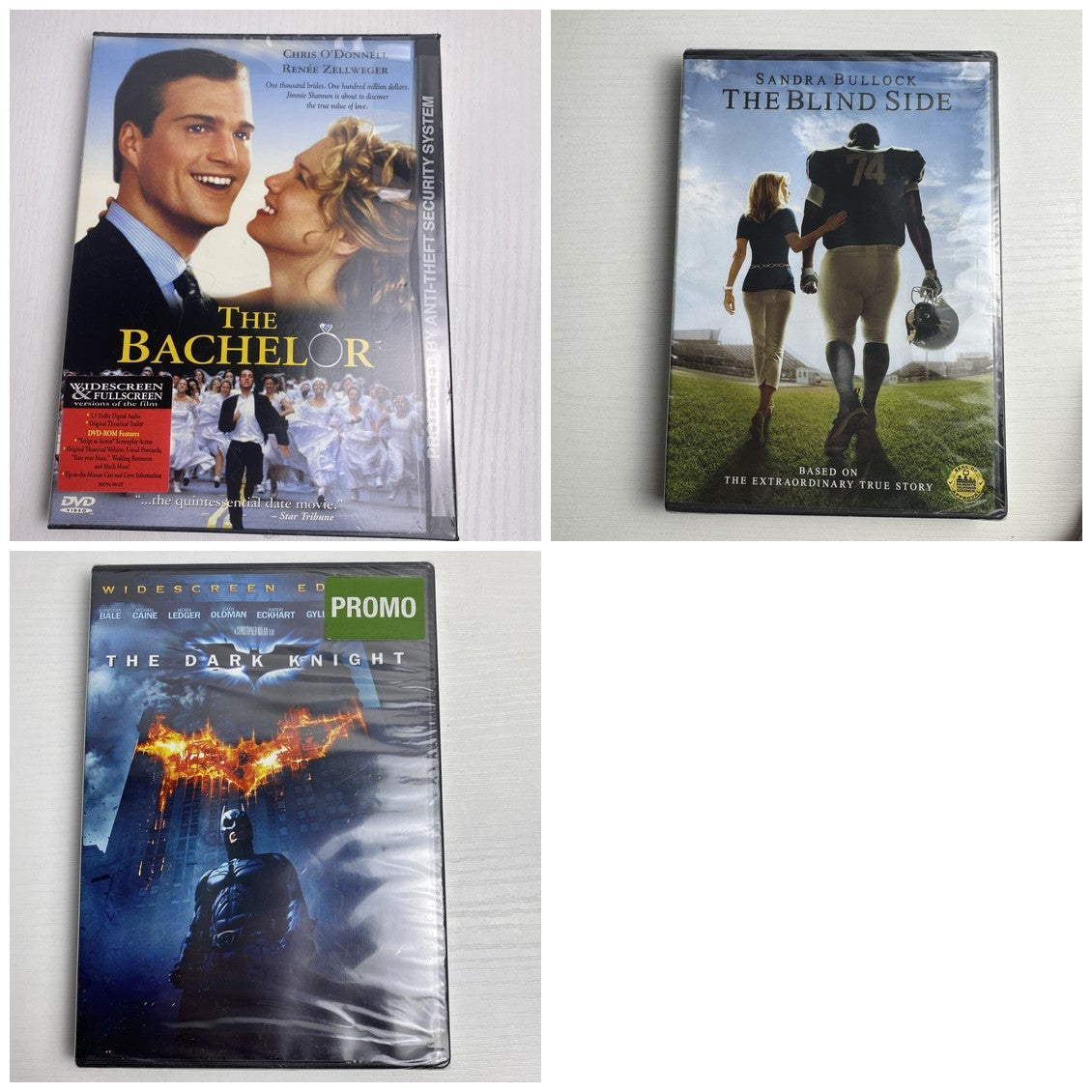 Brand new 3-DVD lot featuring factory-sealed copies of The Dark Knight, The Blind Side, and The Bachelor.