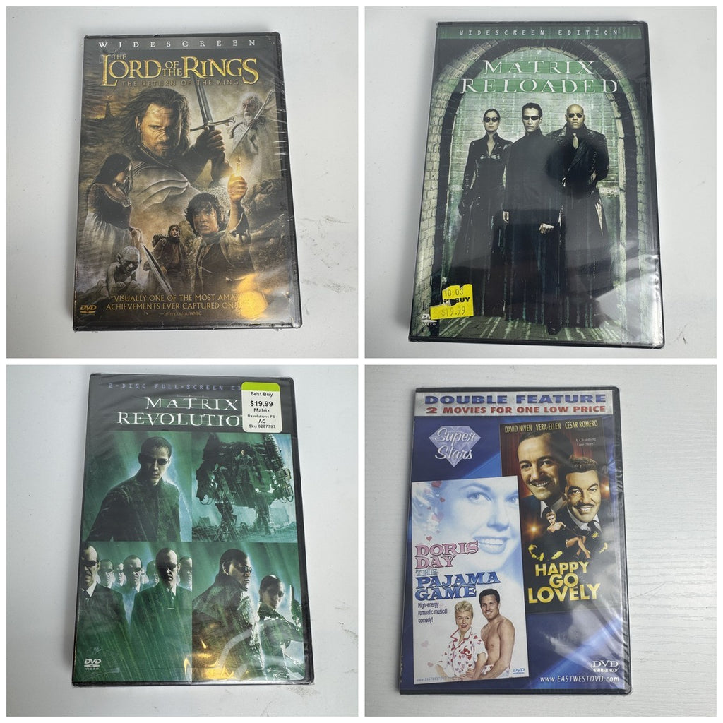 Brand new factory sealed 4-movie DVD lot featuring Lord of the Rings, Matrix sequels, and Doris Day double feature
