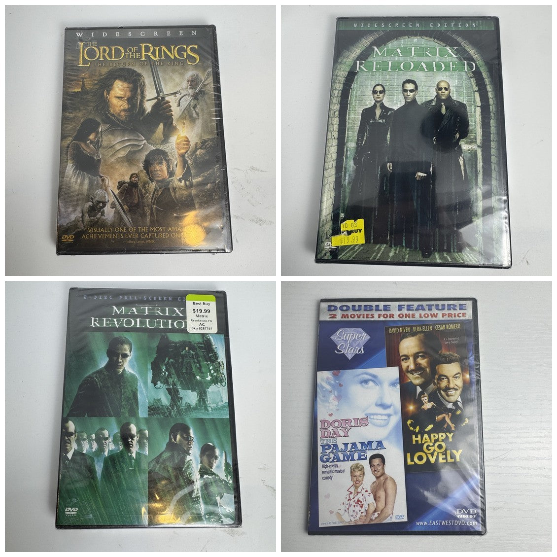 Brand new factory sealed 4-movie DVD lot featuring Lord of the Rings, Matrix sequels, and Doris Day double feature