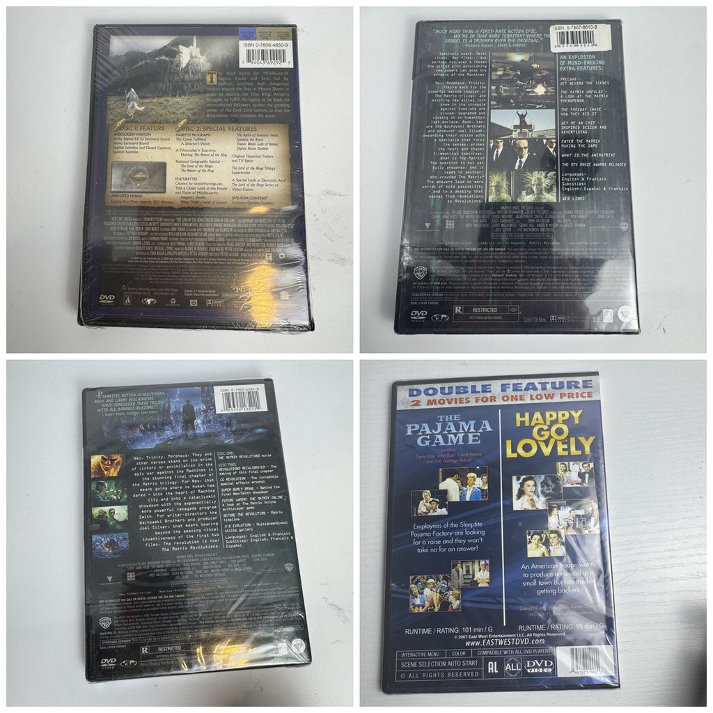 Brand new factory sealed 4-movie DVD lot featuring Lord of the Rings, Matrix sequels, and Doris Day double feature