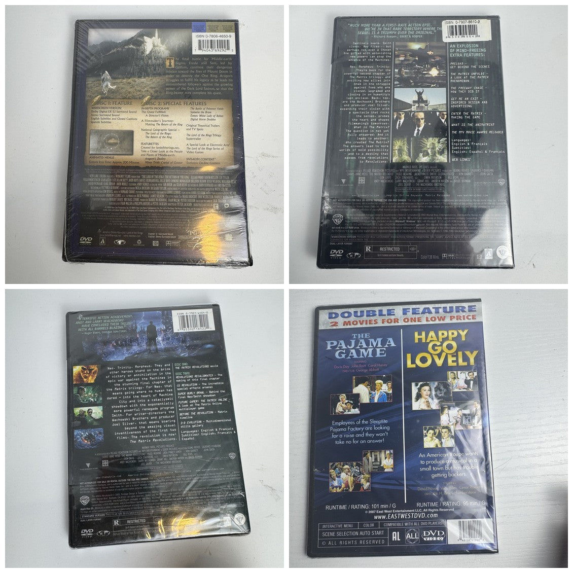 Brand new factory sealed 4-movie DVD lot featuring Lord of the Rings, Matrix sequels, and Doris Day double feature