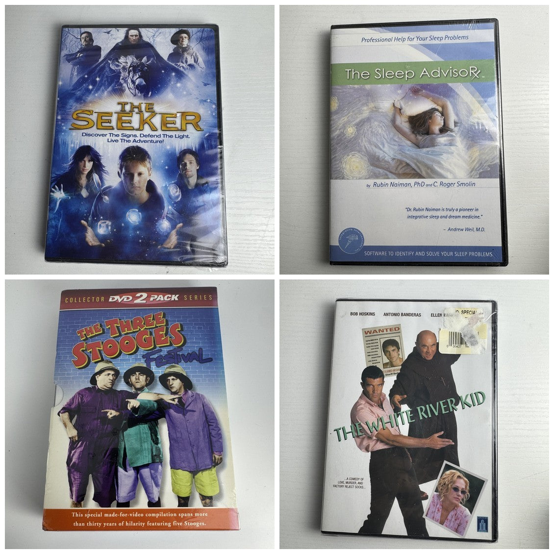 Factory sealed 4-disc DVD lot including The White River Kid, The Seeker, The Three Stooges Festival, and Sleep AdvisoRx