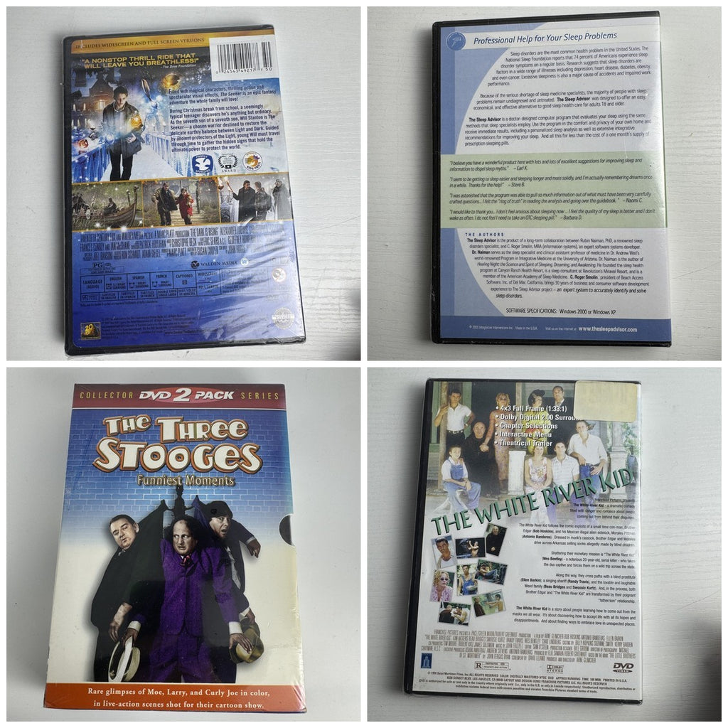 Factory sealed 4-disc DVD lot including The White River Kid, The Seeker, The Three Stooges Festival, and Sleep AdvisoRx