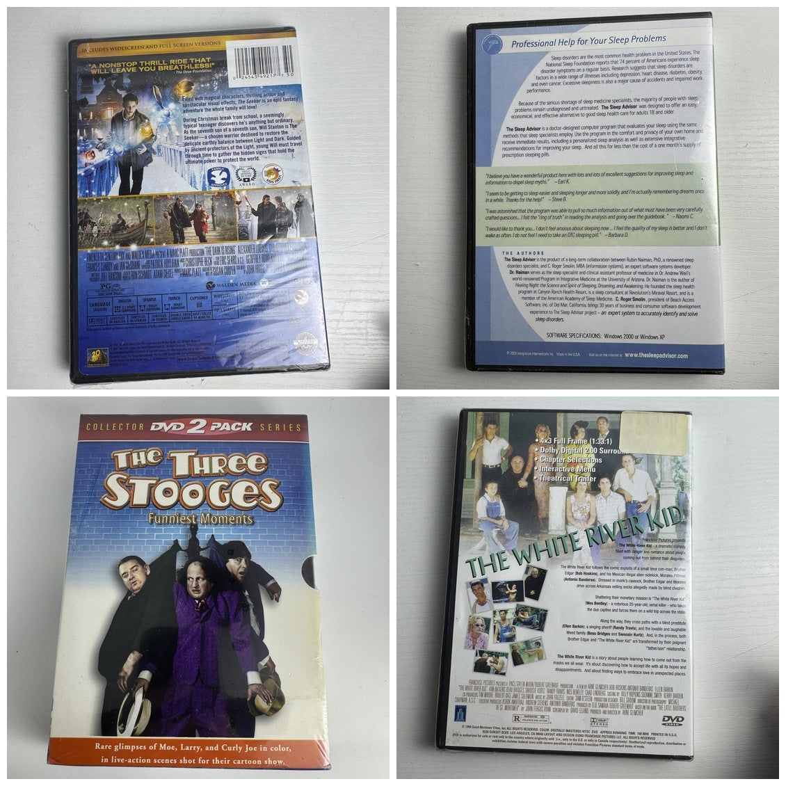 Factory sealed 4-disc DVD lot including The White River Kid, The Seeker, The Three Stooges Festival, and Sleep AdvisoRx