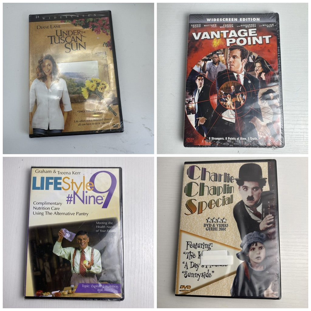 Lot of 4 brand-new factory-sealed DVDs featuring Under the Tuscan Sun, Vantage Point, and Charlie Chaplin.