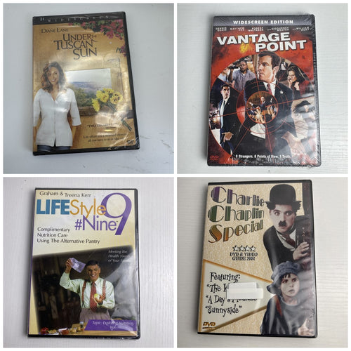 Lot of 4 brand-new factory-sealed DVDs featuring Under the Tuscan Sun, Vantage Point, and Charlie Chaplin.