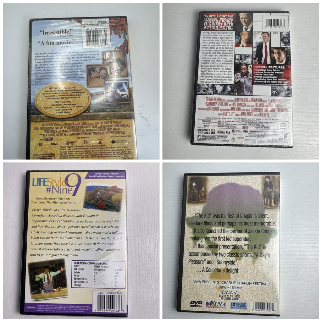 Lot of 4 brand-new factory-sealed DVDs featuring Under the Tuscan Sun, Vantage Point, and Charlie Chaplin.