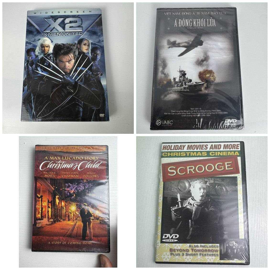 Brand new factory-sealed lot of 4 DVDs including X2 X-Men United, Scrooge, Christmas Child, and Á Đông Khói Lửa.