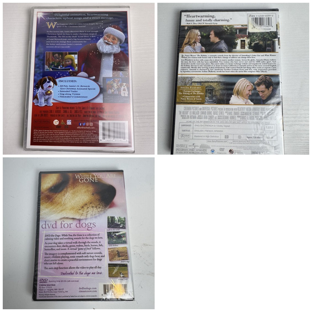 Brand new sealed 3 DVD bundle including The Holiday, Elf Pets, and DVD for Dogs