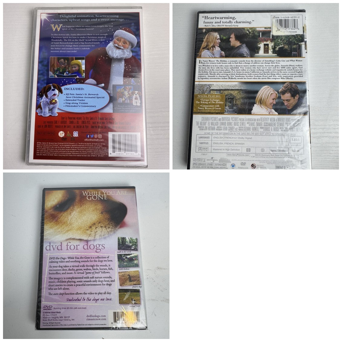 Brand new sealed 3 DVD bundle including The Holiday, Elf Pets, and DVD for Dogs