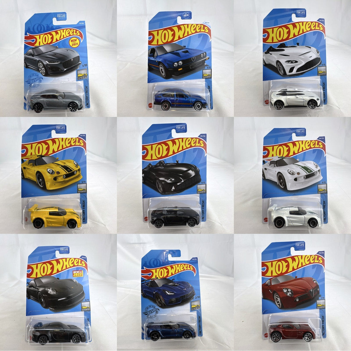 Set of 9 unopened Hot Wheels Factory Fresh 1:64 scale diecast sports cars including Porsche 911 GT3 and Corvette ZR1.