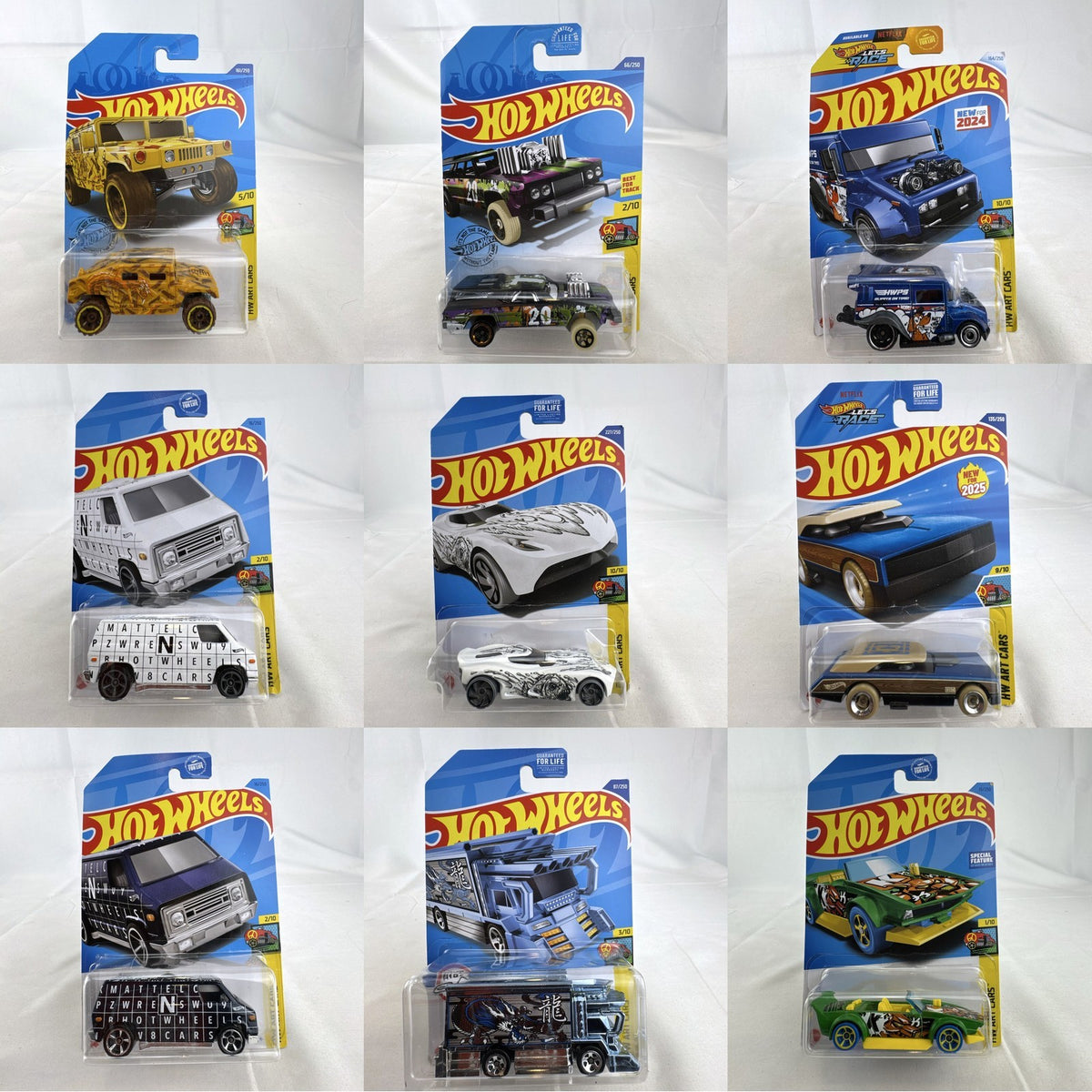 Hot Wheels HW Art Cars 9 diecast car lot including Raijin Express Humvee and 70s Van factory sealed on original cards