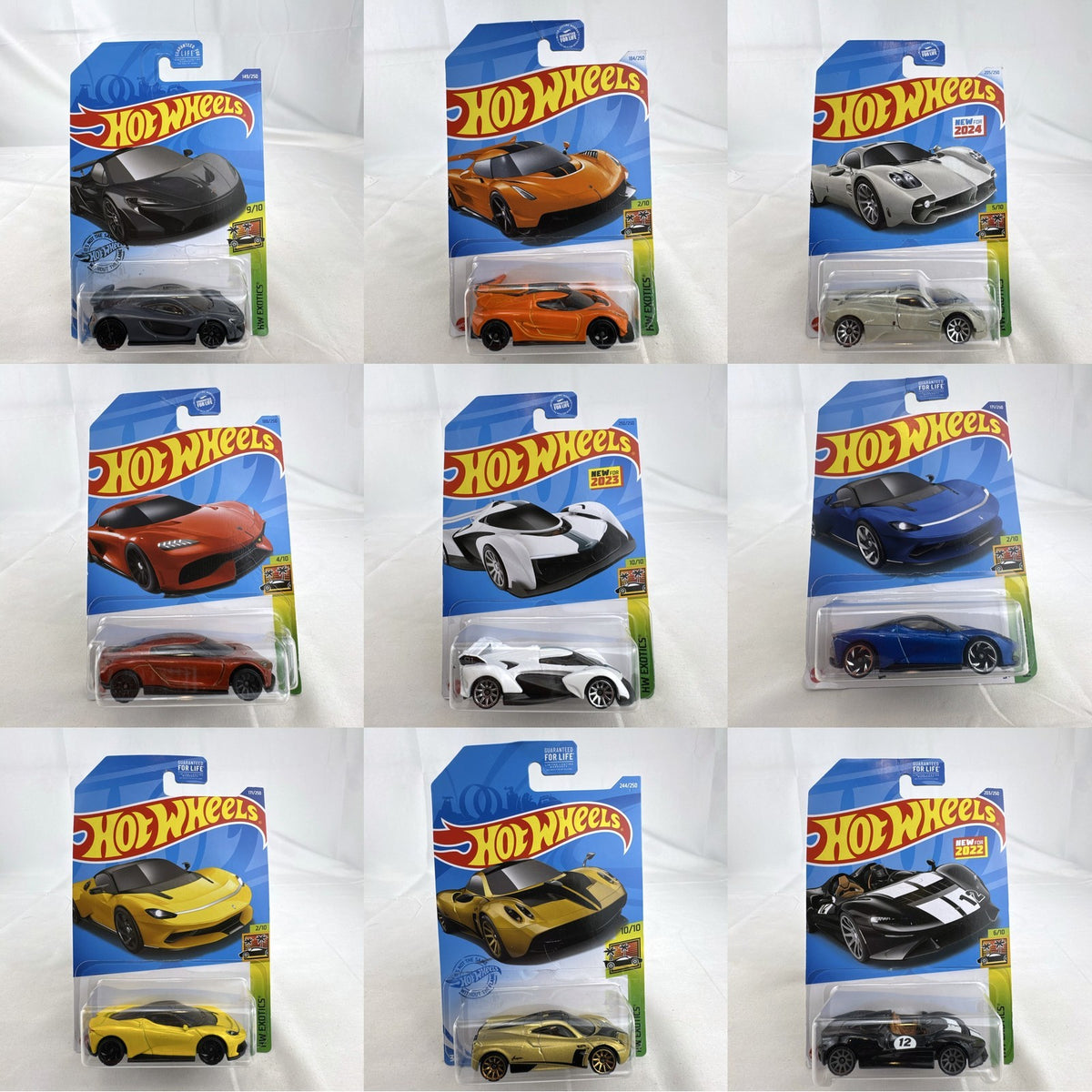 Hot Wheels HW Exotics 1:64 scale diecast 9-car hypercar lot including McLaren, Koenigsegg, and Pagani, factory sealed on card.