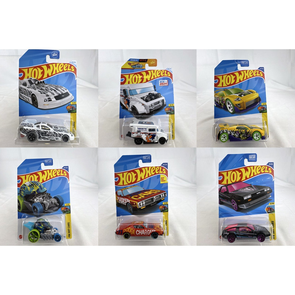 Hot Wheels 1:64 scale HW Art Cars 6-car diecast lot including DeLorean and Dodge Charger in original blister packs