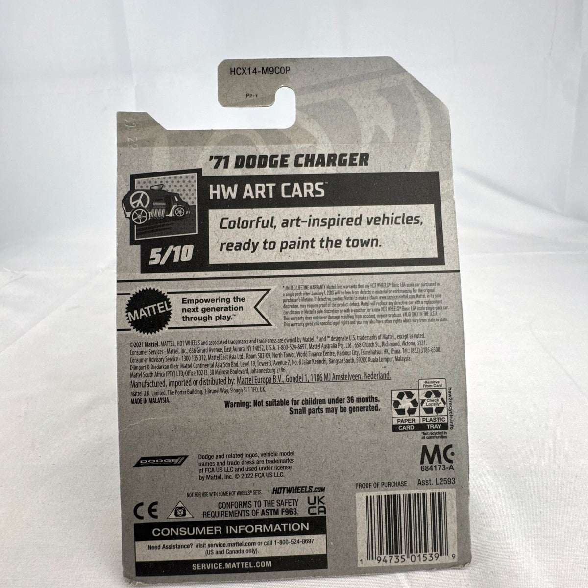 Hot Wheels 1:64 scale HW Art Cars 6-car diecast lot including DeLorean and Dodge Charger in original blister packs