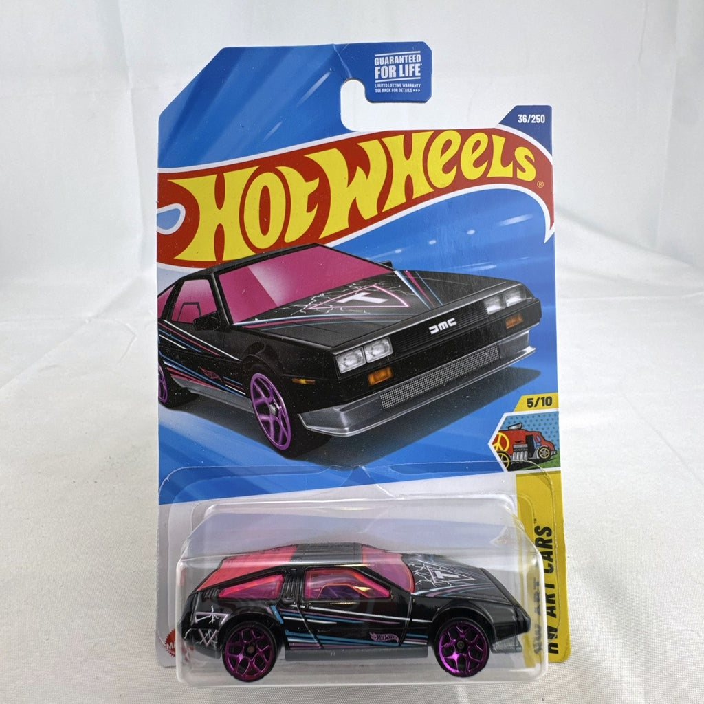Hot Wheels 1:64 scale HW Art Cars 6-car diecast lot including DeLorean and Dodge Charger in original blister packs