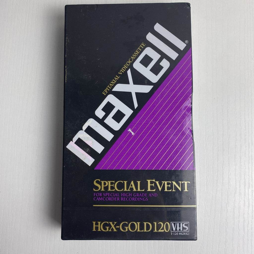 Factory sealed Maxell T-120 HGX Gold Special Event blank VHS videocassette in original shrink wrap sleeve packaging