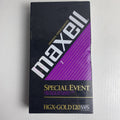 Factory sealed Maxell T-120 HGX Gold Special Event blank VHS videocassette in original shrink wrap sleeve packaging