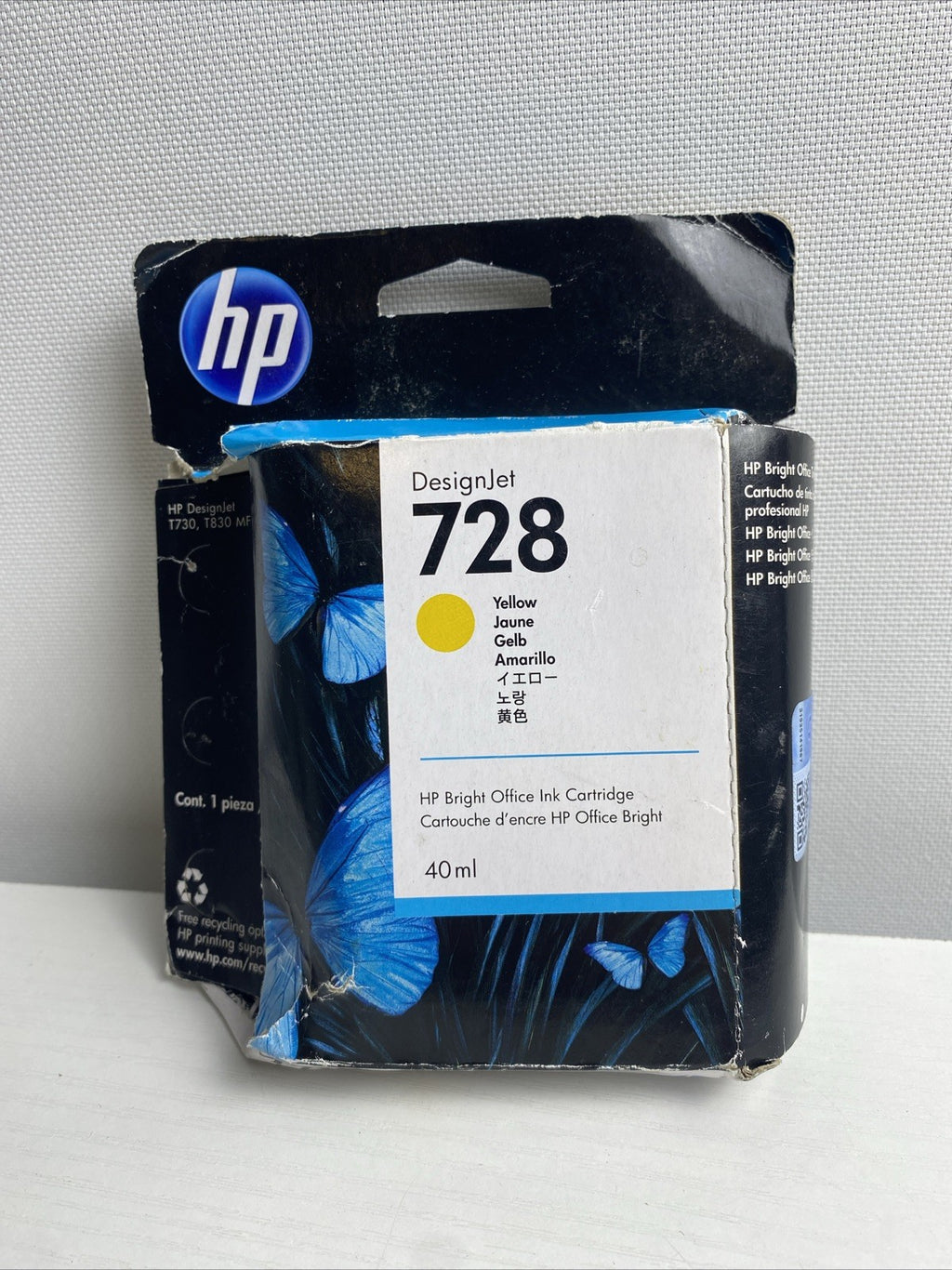 Boxed HP 728 yellow 40ml ink cartridge for DesignJet T730 and T830 plotters