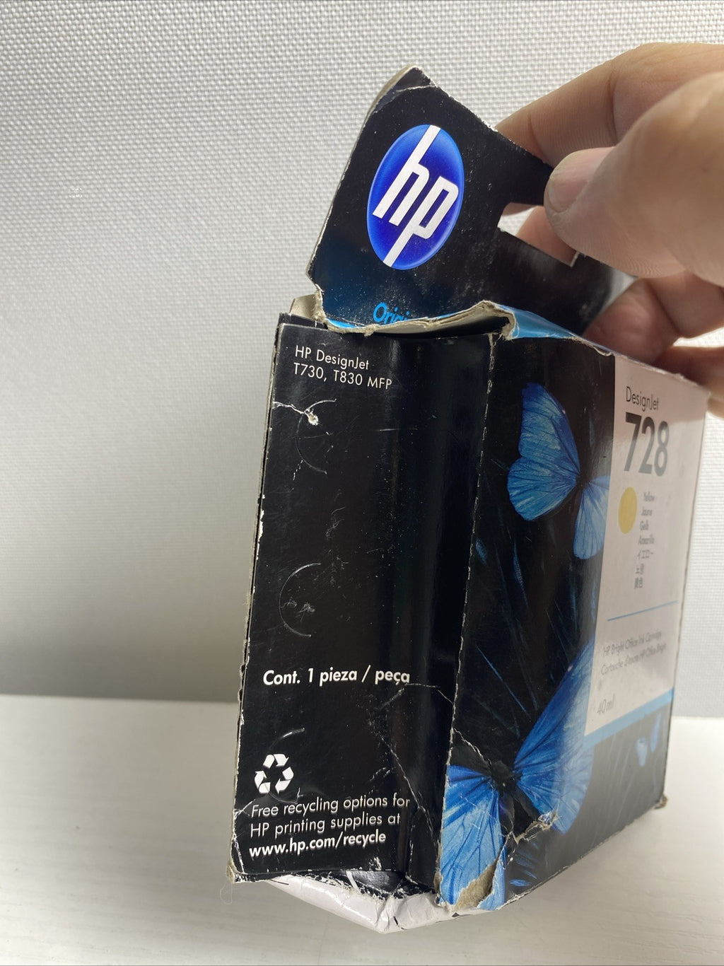 Boxed HP 728 yellow 40ml ink cartridge for DesignJet T730 and T830 plotters