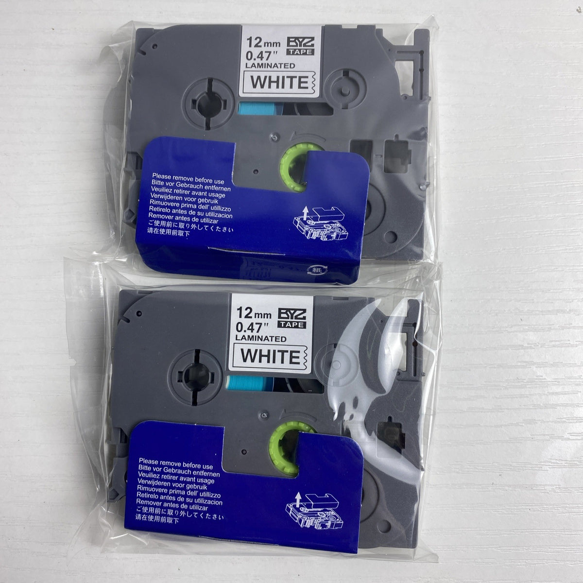 Brother P-Touch 12mm TZe laminated label tape cartridges in black on white, 2-pack sealed in package