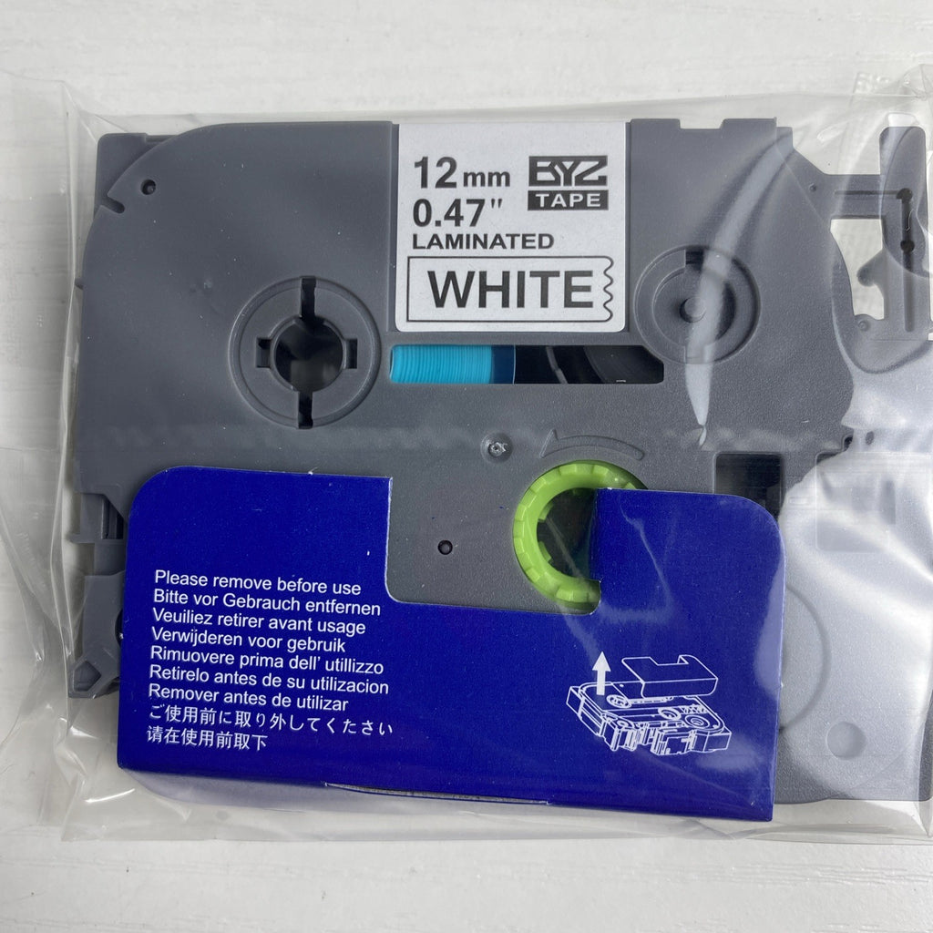 Brother P-Touch 12mm TZe laminated label tape cartridges in black on white, 2-pack sealed in package