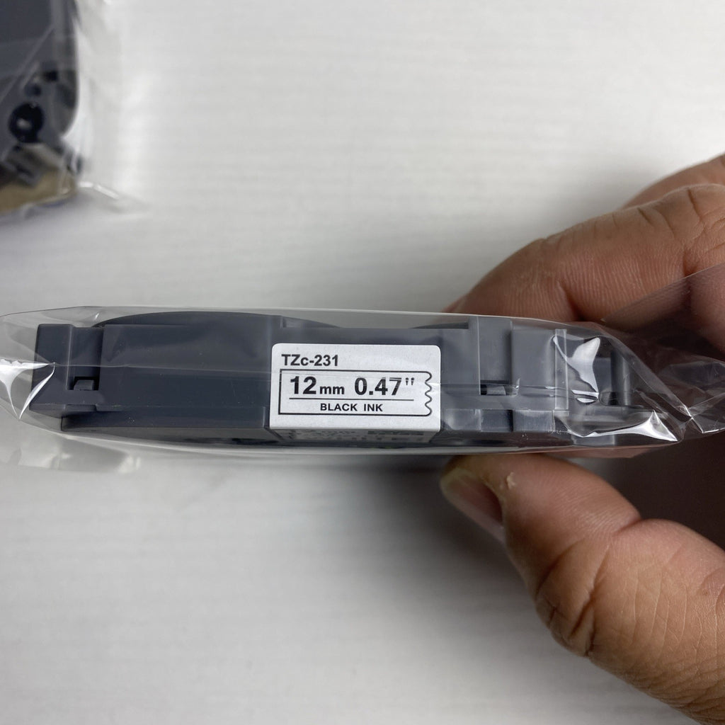 Brother P-Touch 12mm TZe laminated label tape cartridges in black on white, 2-pack sealed in package