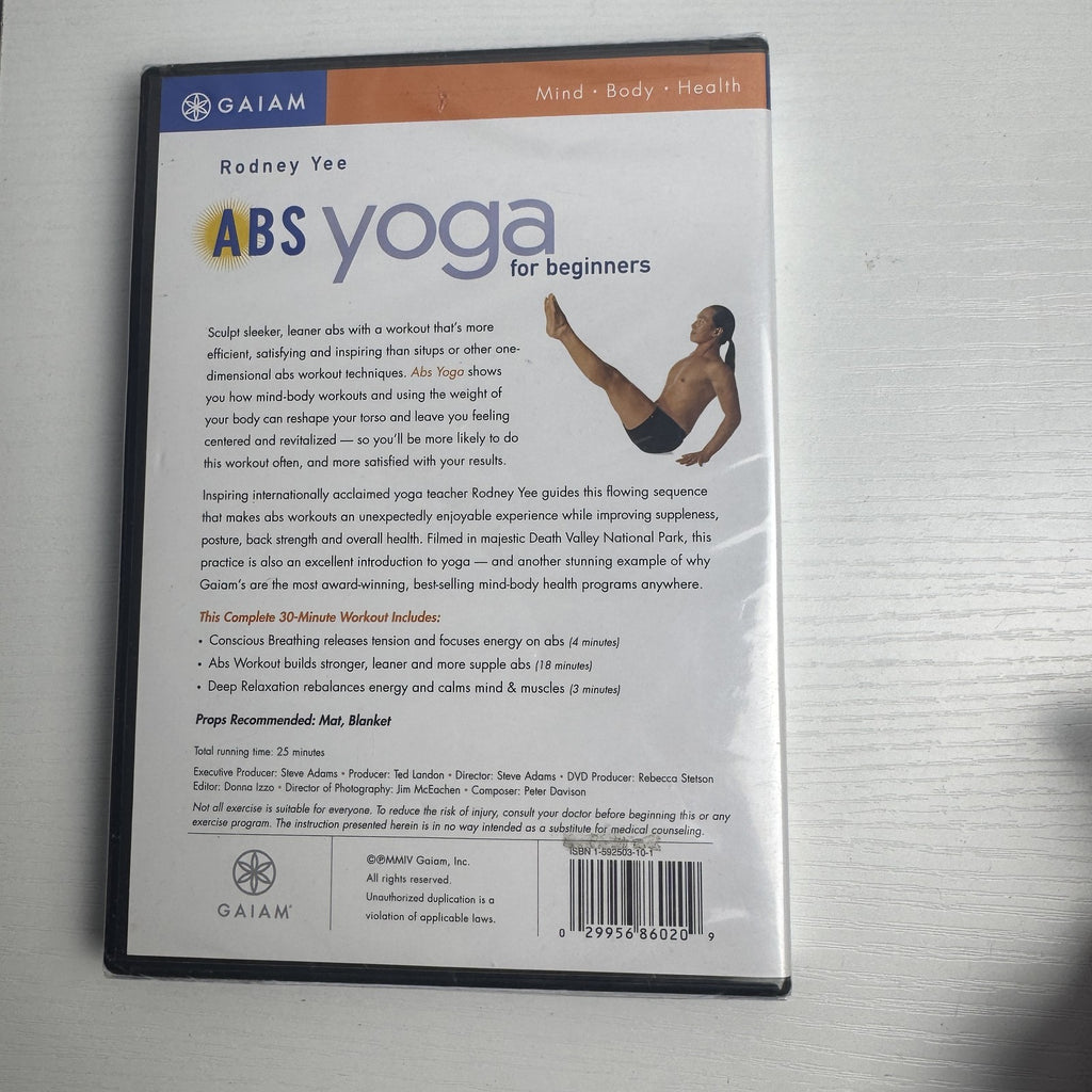 Front cover of Gaiam's Abs Yoga for Beginners DVD with Rodney Yee, brand new in original factory shrink wrap.