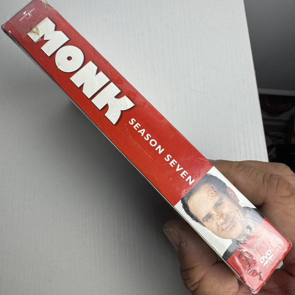 Monk Season Seven complete 4-disc DVD set factory sealed in shrinkwrap showing front cover and slipcase.