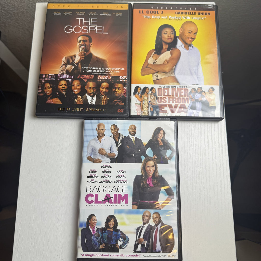 Three DVD cases featuring Baggage Claim, Deliver Us From Eva, and The Gospel romantic drama films.