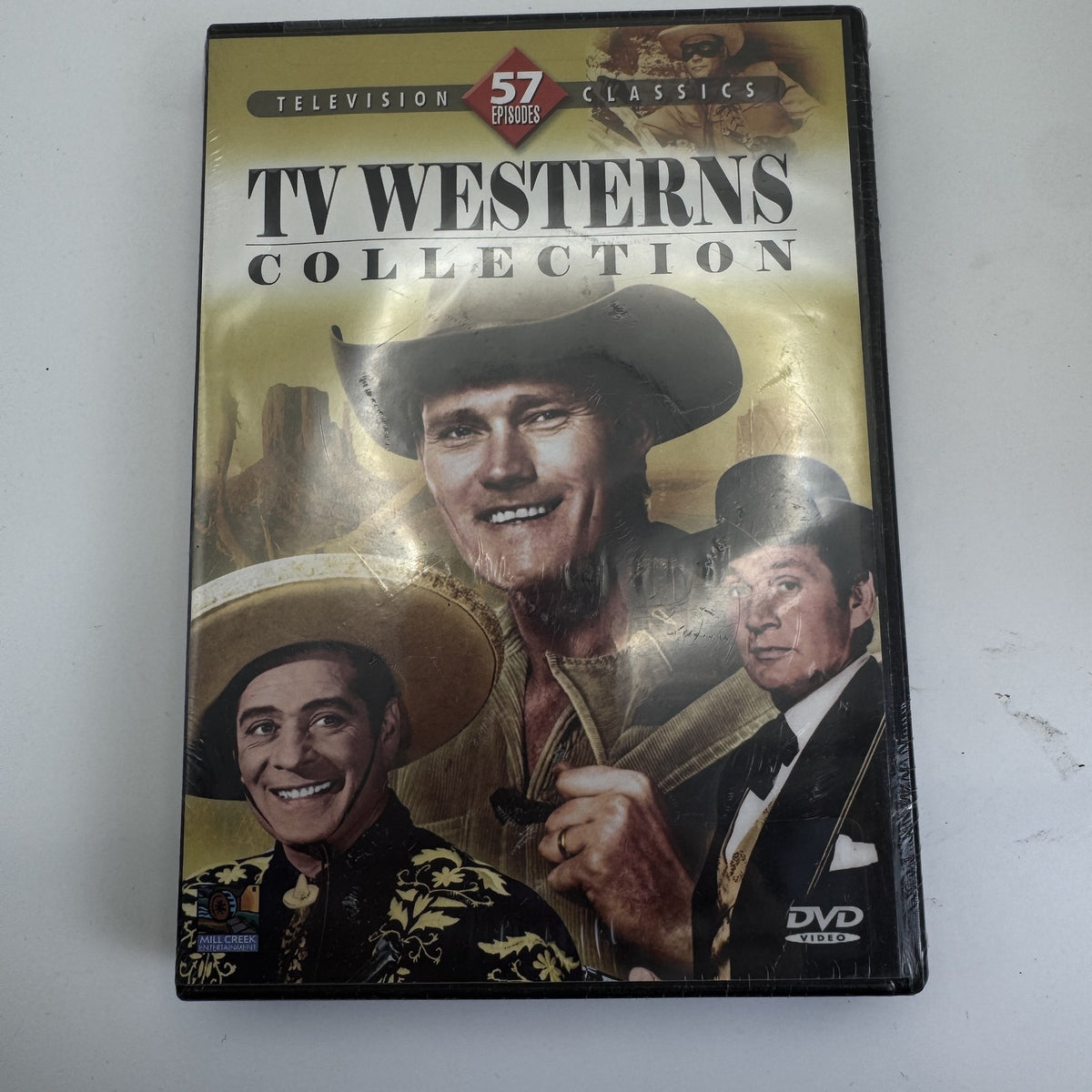 Factory-sealed TV Westerns Collection 57-episode DVD set by Mill Creek Entertainment featuring classic TV stars.