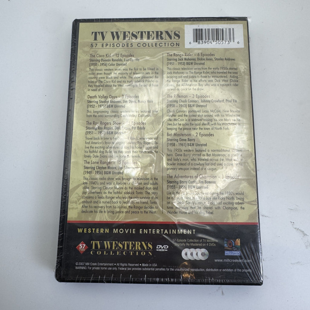 Factory-sealed TV Westerns Collection 57-episode DVD set by Mill Creek Entertainment featuring classic TV stars.