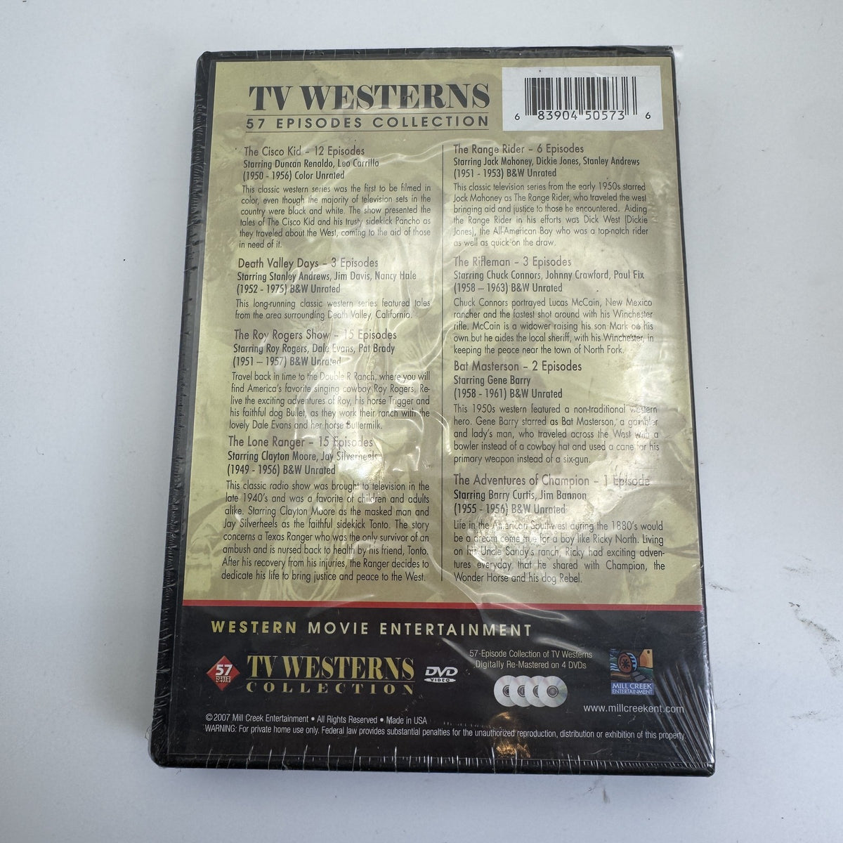 Factory-sealed TV Westerns Collection 57-episode DVD set by Mill Creek Entertainment featuring classic TV stars.