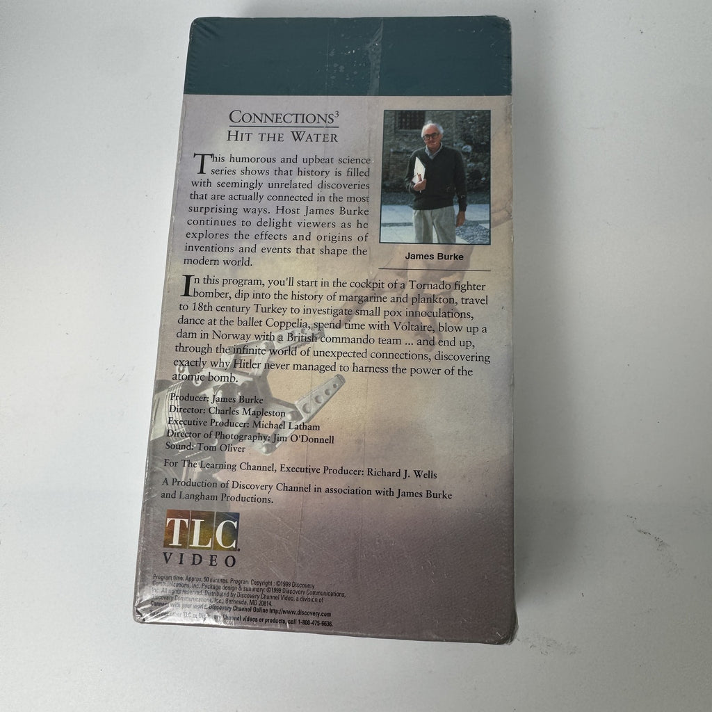 Factory sealed 1997 VHS tape of Connections 3 Hit The Water documentary series by TLC Video featuring James Burke.
