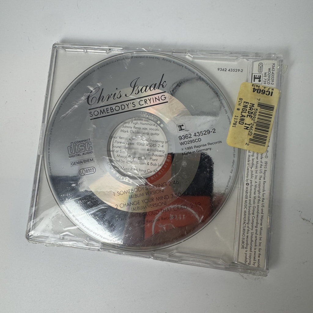 Front cover of Chris Isaak Somebody's Crying 1995 Silvertone CD single in original factory sealed shrink wrap.