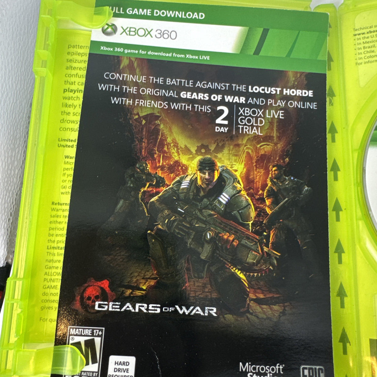 Gears of War video game case and disc for Microsoft Xbox 360 complete with manual in good condition.