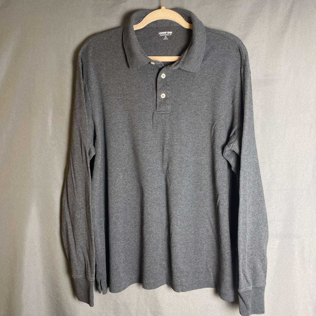 Lands' End men's traditional fit long sleeve cotton blend polo shirt in heather gray, size XL.
