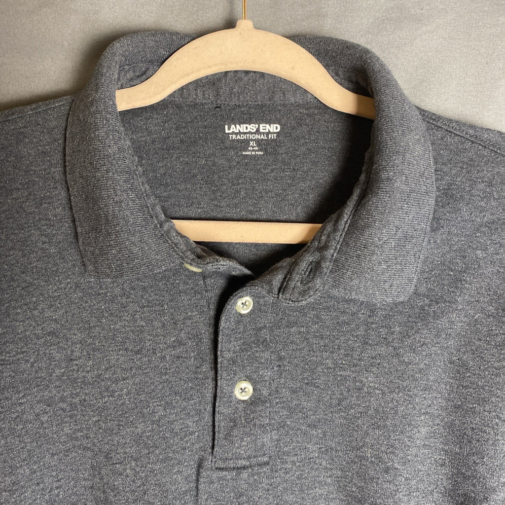 Lands' End men's traditional fit long sleeve cotton blend polo shirt in heather gray, size XL.