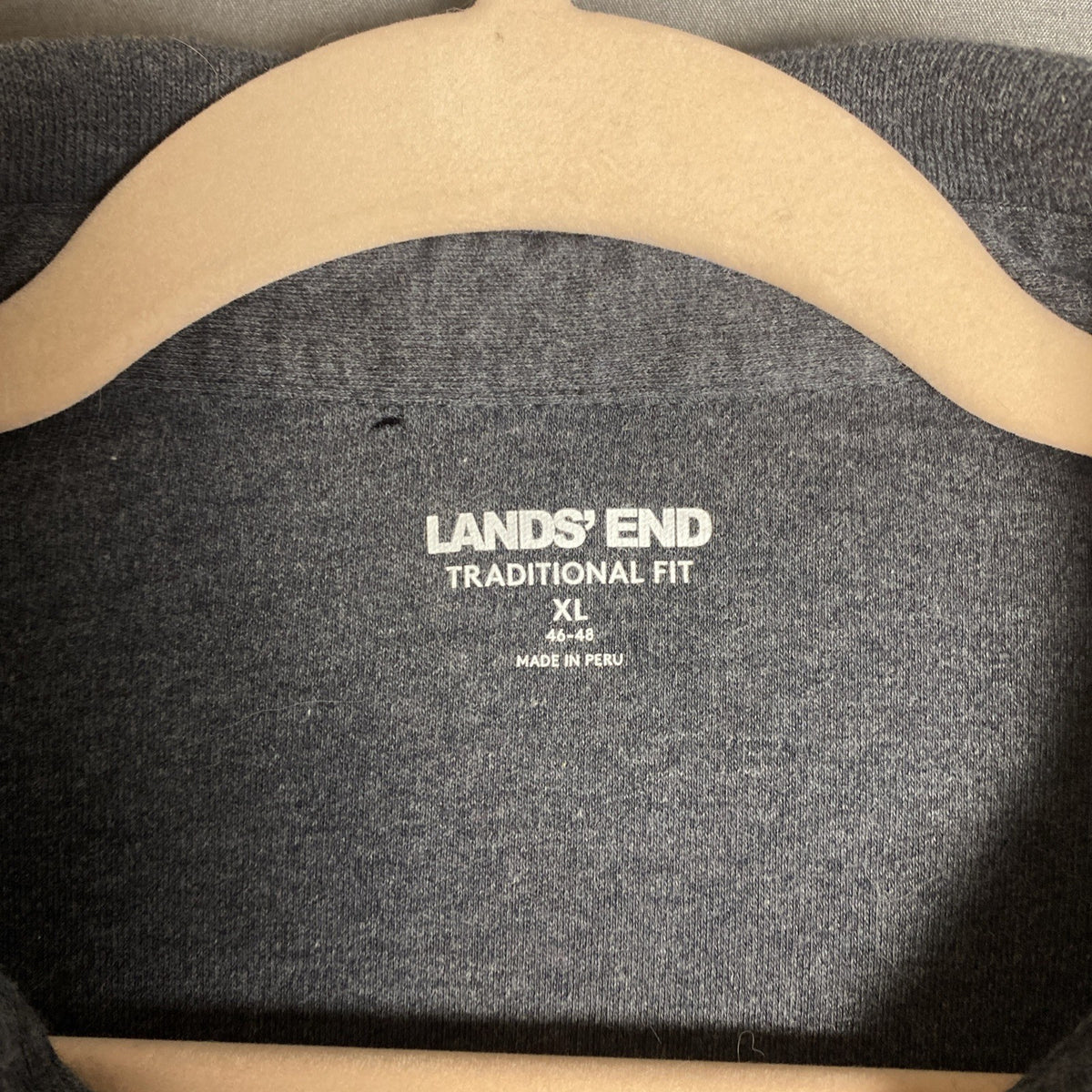 Lands' End men's traditional fit long sleeve cotton blend polo shirt in heather gray, size XL.