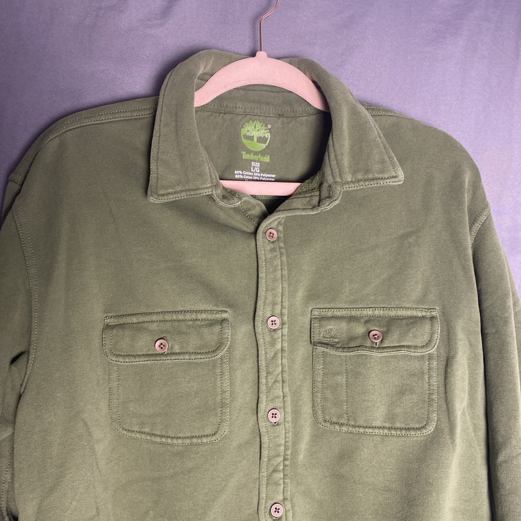 Timberland Pro men's button-front fleece shirt jacket in olive green, size large